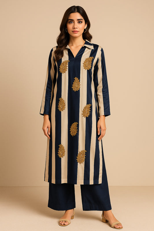 Formé – Ivory & Navy Blue Cotton Silk Set