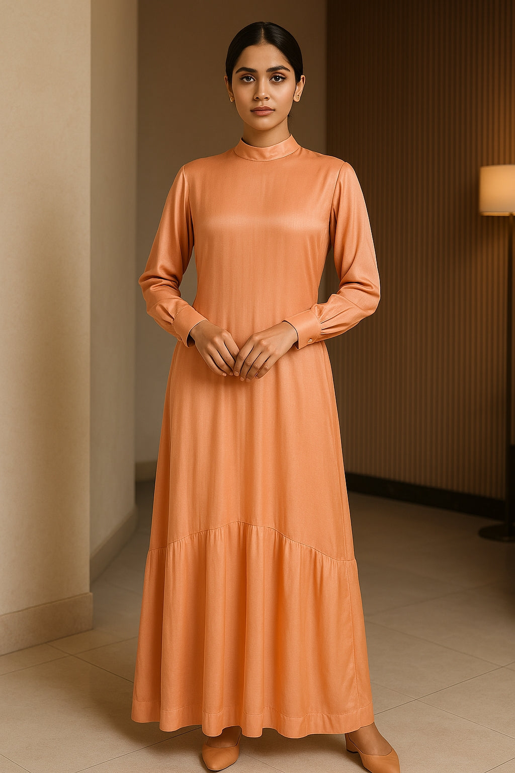 Orange Shamos Silk Frock with Cuffed Sleeves