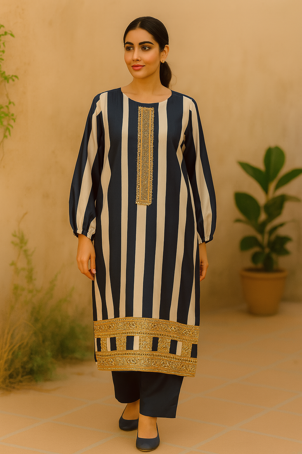 Ivory & Navy Blue Cotton Silk Striped