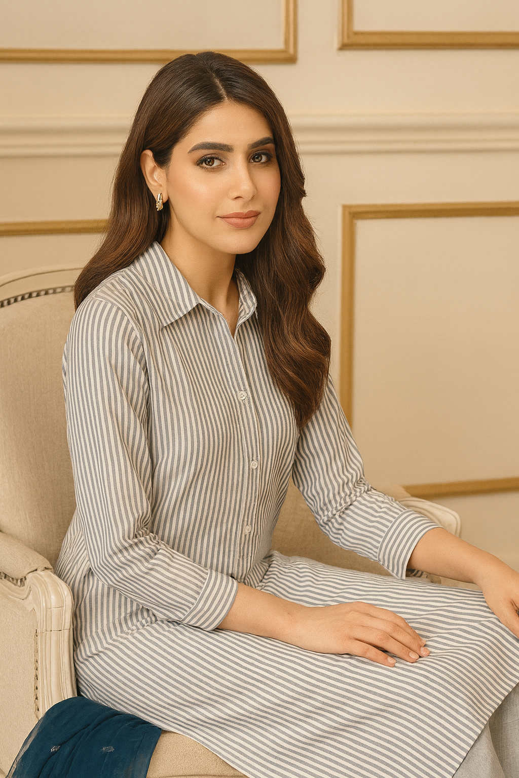 Grey & White Cotton Silk Shirt with Ribbon