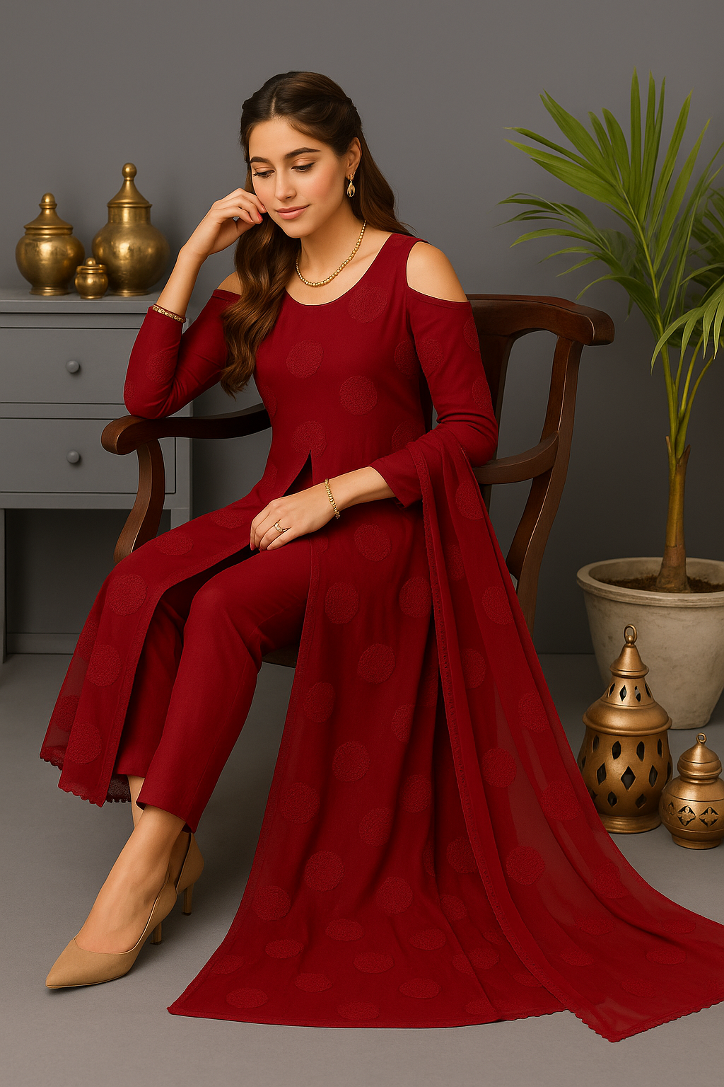 Deep Red Self-Embroidered Chiffon