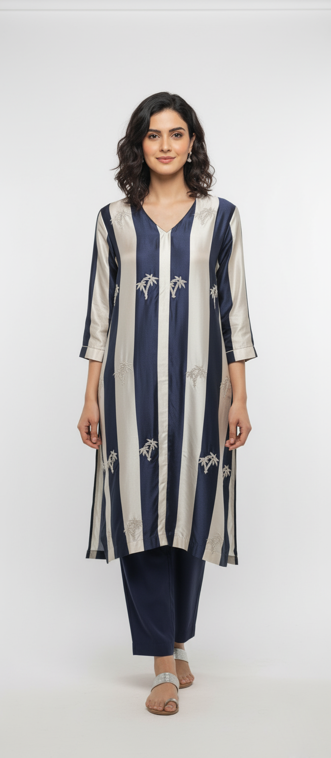 Formé – Ivory & Navy Silver Palm Cotton Silk Set