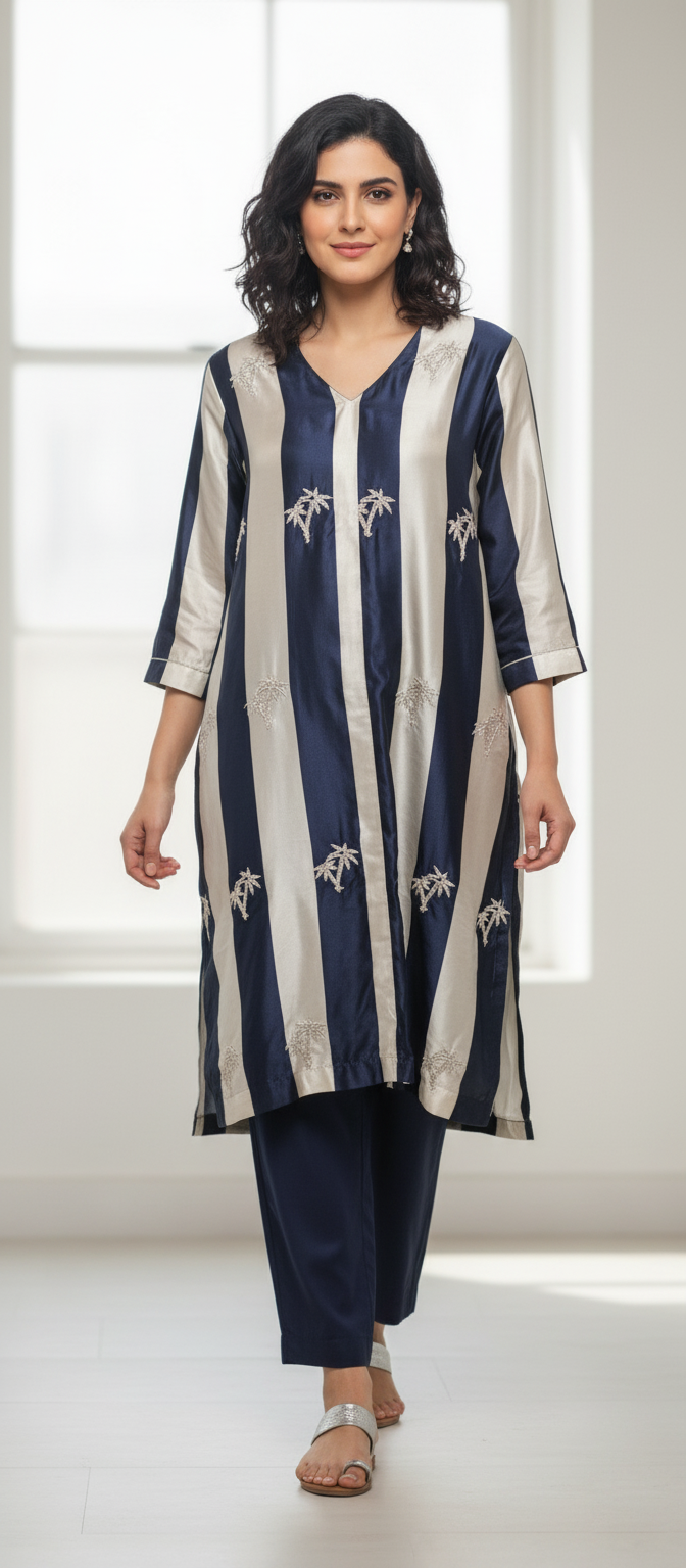 Formé – Ivory & Navy Silver Palm Cotton Silk Set
